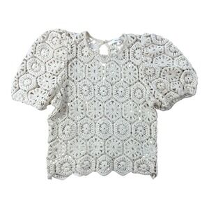 Idem Ditto Cream Cotton Boho Blouse Small Puff Sleeve Stiff Statement Top